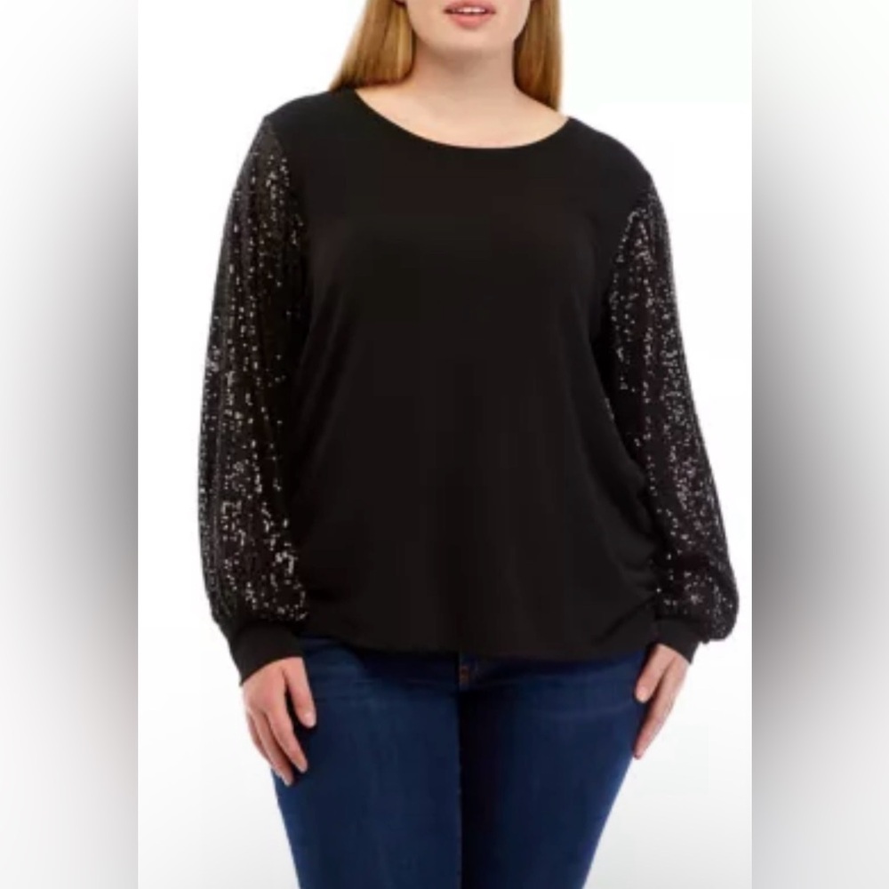 NWT T TAHARI Black Long Sequined Sleeve Crew Neck Top Shirt Evening Party Fun